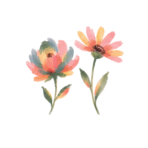 Watercolor illustration of two flowers with green stems and leaves. The petals are painted in shades of pink, yellow, orange, and green, set against a plain white background.